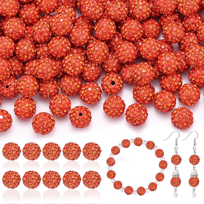 160pcs 10mm rhinestone beads for jewelry making, orange shiny round disco ball beads bulk, sparkle crystal clay christmas for bracelet baseball necklace earring crafting and diy