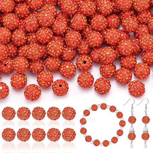 160pcs 10mm rhinestone beads for jewelry making, orange shiny round disco ball beads bulk, sparkle crystal clay christmas for bracelet baseball necklace earring crafting and diy