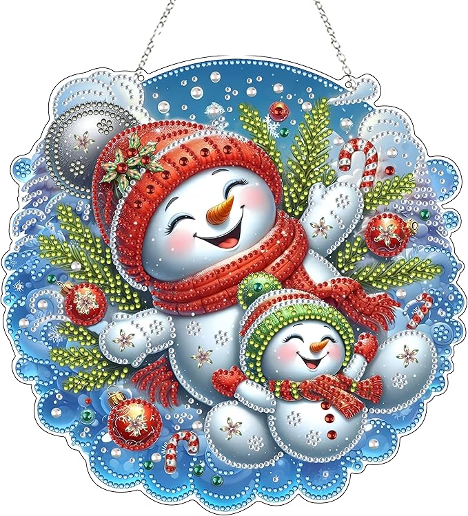 JJFox DIY Acrylic Diamond Art Painting Wreath Kits Special Shaped Rhinestone Diamond Art Window Pendants Home Garden Wall Hanging Kits Hanging Ornament (Christmas Snowman)