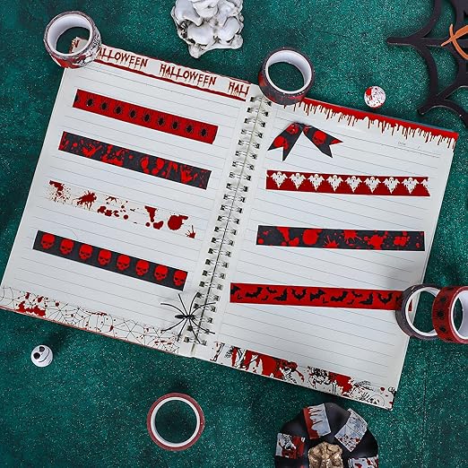 Whaline 12 Rolls Halloween Bloody Washi Tapes Blood Spatter Spooky Bloodstain Skull Ghost Masking Tapes 15mm Scary Bloody Washi Tape Set for Scrapbook Journal DIY Craft Gift Wrapping, 16.4Ft