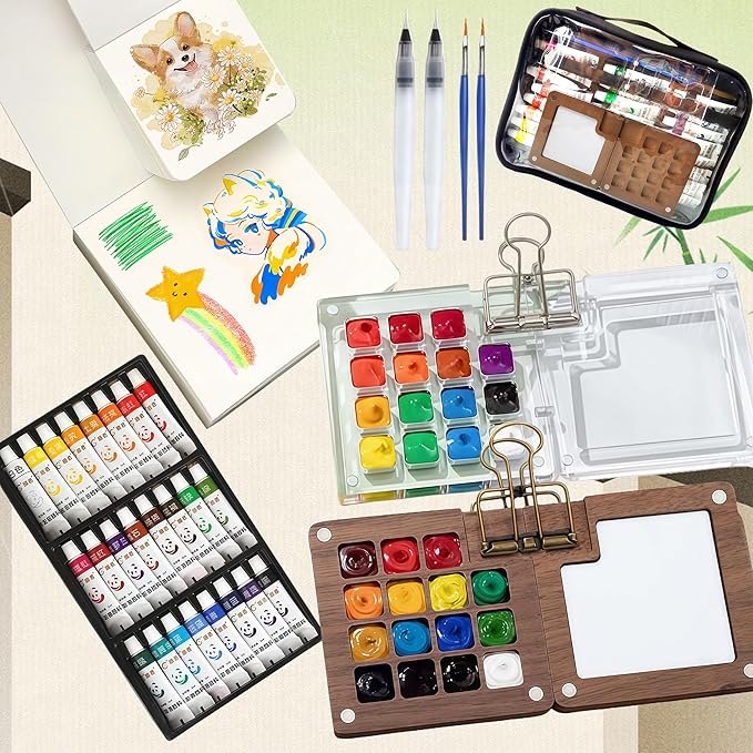 Mini Watercolor Travel Paint Set, Acrylic Painting Palette and Wooden Paint Box(15 Grids), 2 Sketchbooks, 2 Brush Pens and 24 Color Paints. Perfect for Artists, Students and Painters on The Go