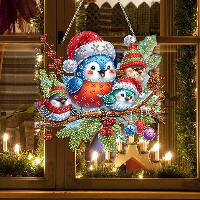 Diamond Art Hanging Kit for Adult,Special Shaped Rhinestone,DIY Acrylic Diamond Art Painting Window Pendants Home Garden Wall Hanging Kits Hanging Ornament,Double Sided. (Christmas Bird)