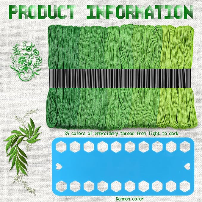25 Skeins Green Series Cross Floss Stitch Thread, 8m Cotton Embroidery Floss Set with Plastic Bobbins & Needle