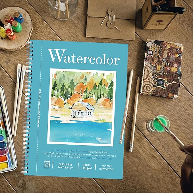 watercolor paper pad, watercolor sketchbook 5.5" x8.5” 140lb/300gsm, spiral bound water color pad journal and sketchbook for adults & kids, markers and art journaling
