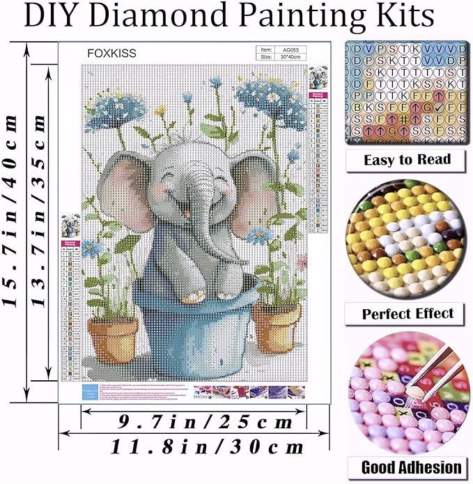 FOXKISS Baby Elephant Diamond Art Painting Kits for Adults, Full Drill Diamond Dots Paintings for Beginners, Round 5D Paint with Diamonds Pictures Gem Art Painting Kits DIY Crafts Kits 12x16inch