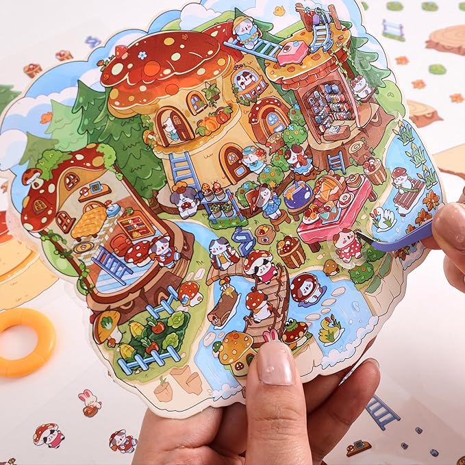 4 Sets DIY 3D House Scene Stickers, Forest Mushroom House, Deep Sea Park，Pardise Garden，Island Park Make Your Own Cute Fun Stacking Miniature Cartoon for Adult Kids Relief Stress Pass The Time