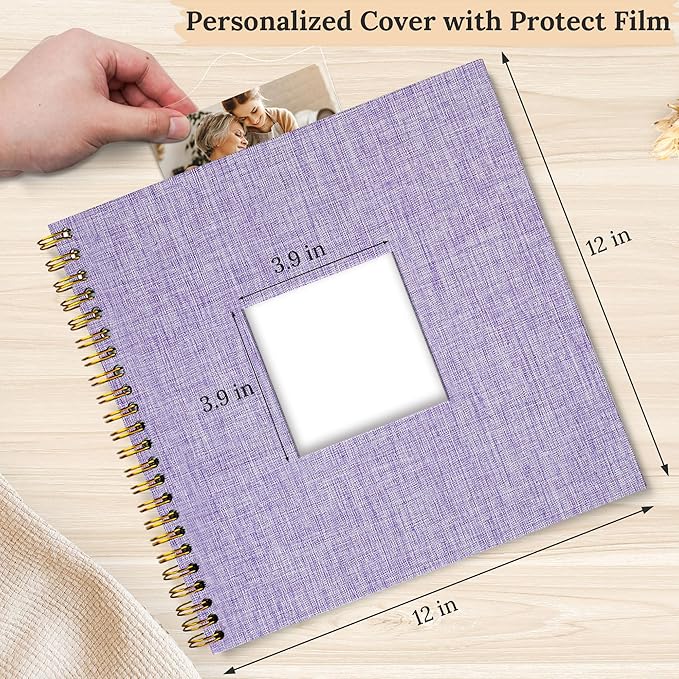 Scrapbook Photo Album Linen Cover, 12 x 12 Inch Hardcover Kraft White Pages Memory Book, for Travel Wedding Guest Book Christmas Baby Shower (40 Sheets/ 80 Pages,Purple)