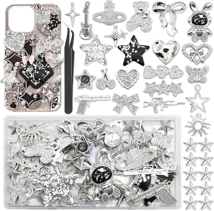 BELICEY Black Silver Junk Case Charms Kit Y2K Big Charms for Phone Junk Cases 3D Astronaut Star Bow Planet Heart Junk Phones Case Flatback Rhinestone Pearls for Customizing DIY Craft