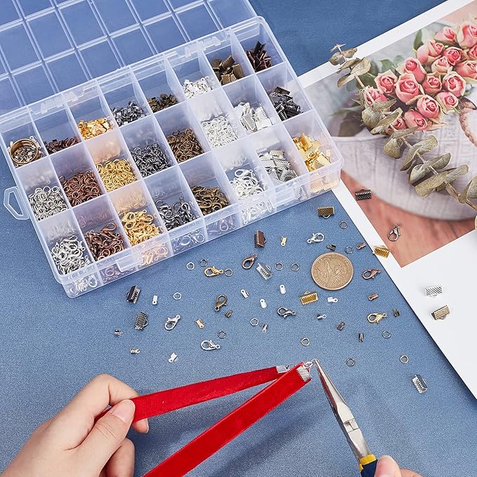 PH PandaHall About 2580Pcs Jewelry Finding Kits of Fold Over Iron Cord Ends Ribbon End Jump Rings and Lobster Claw Clasps in 6 Colors Mixed Sizes