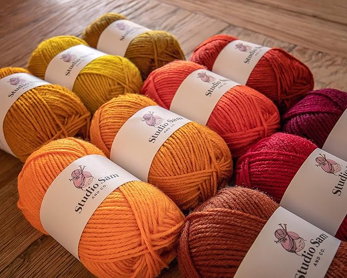 Studio Sam Acrylic Yarn Set. Ten Large 50g Skeins. Total 1030 Yards. for All Knitting, Crochet and Craft Projects. Orange and Brown (Autumn Collection)