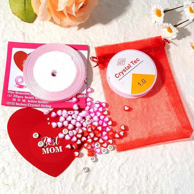 BeYumi Mom Bracelet Craft Kit - 24 Pack Mother's Day Mom Letter Heart Beads Bracelets with Heart Gift Cards and Bags DIY Thankful Craft Kit to Mothers School Classroom Party Fun Activities Ages 6-12