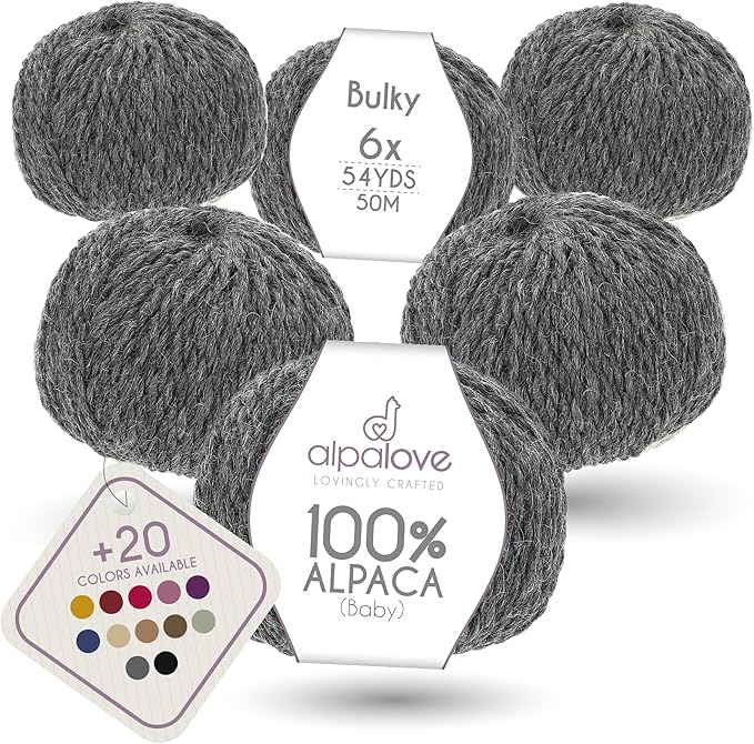 Bulky Set (6 x 1.75 oz) Super Soft Baby Alpaca Knitting Yarn Dark Gray 328 Yards