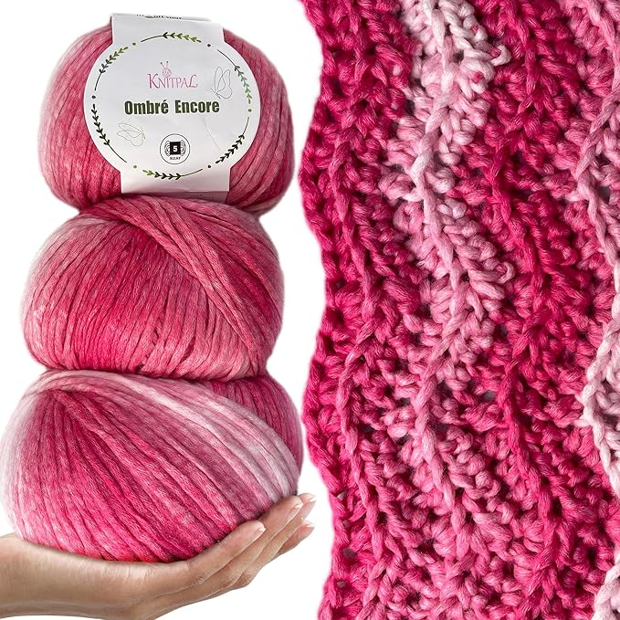 Ombré-Encore Chunky Ombre Yarn for Crocheting, 3 Balls, 507Yds/420G, Free Patterns - Multi Colored Bulky 5 Weight Yarn for Knitting - Flamingo Pink