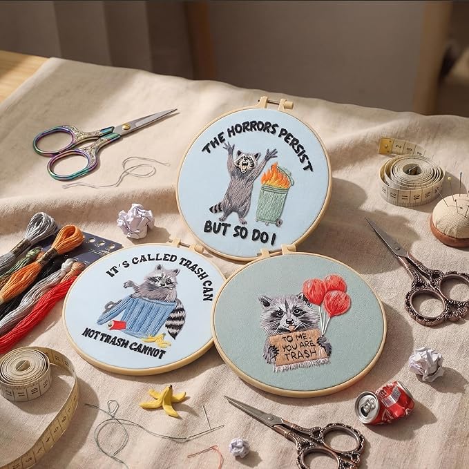 Mindsoft 3 Sets Raccoon Embroidery Kit with Embroidery Hoop Easy Pattern Needlepoint Kit for Beginners and Adults Hand Crafts Needlepoint Set with Needles Thread and Instruction
