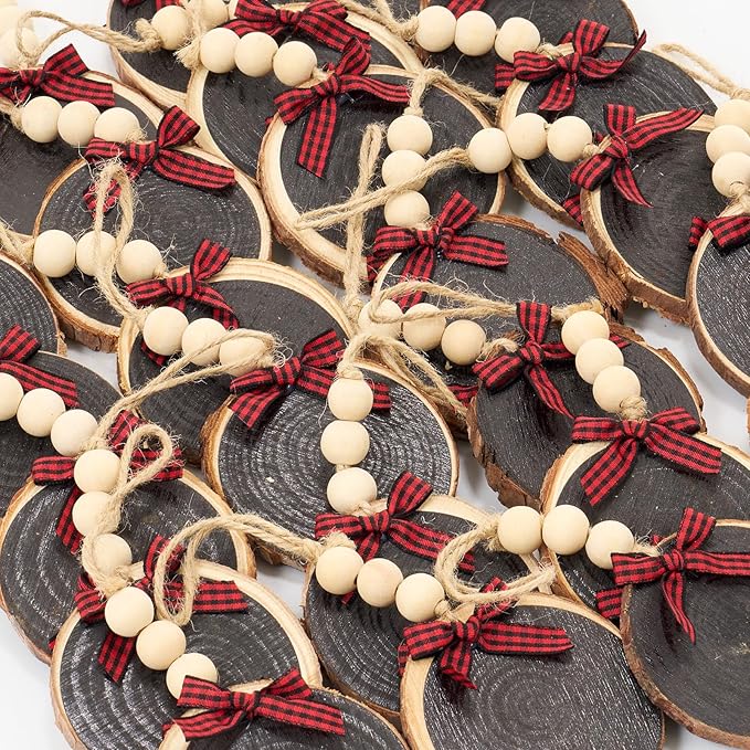 Sawysine 36 Pcs Wooden Christmas Ornament 2.8 to 3.2 Inch Craft Wooden Kit Natural Wood Slices with Round Natural Wood Beads and Buffalo Plaid Bow for Arts and Crafts Christmas Ornaments(Black)
