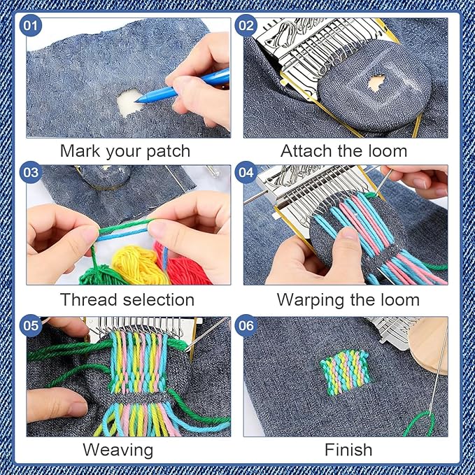 Mini Darning, Knit Patch Kit for Beginners, Wooden Weaving Tool with Stainless Steel Needles, Portable Darning Looms Kit for Quickly Mending eans Clothes Tapestries Carpets Scarves (14 Hooks)