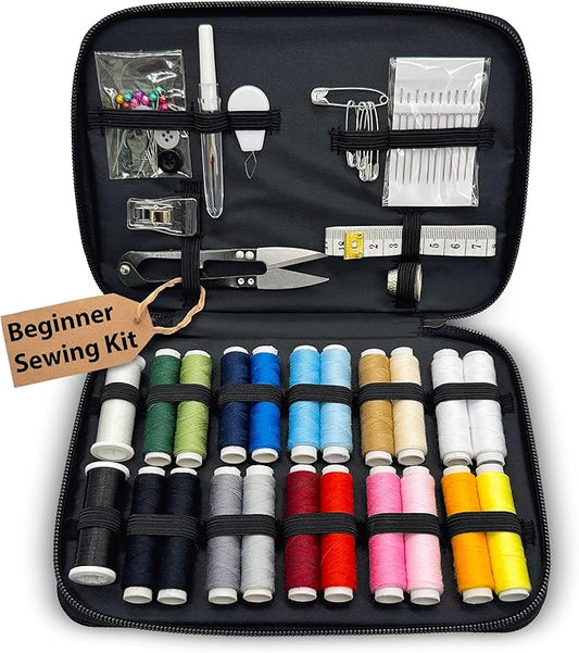 Beginner Hand Sewing Kit with Portable Case – Sewing Supplies for Adults & Kids, 22 Thread Spools, Needles, Scissors, Thimble & Measuring Tape for Home, Travel, Dorm & Emergency Clothing Repairs