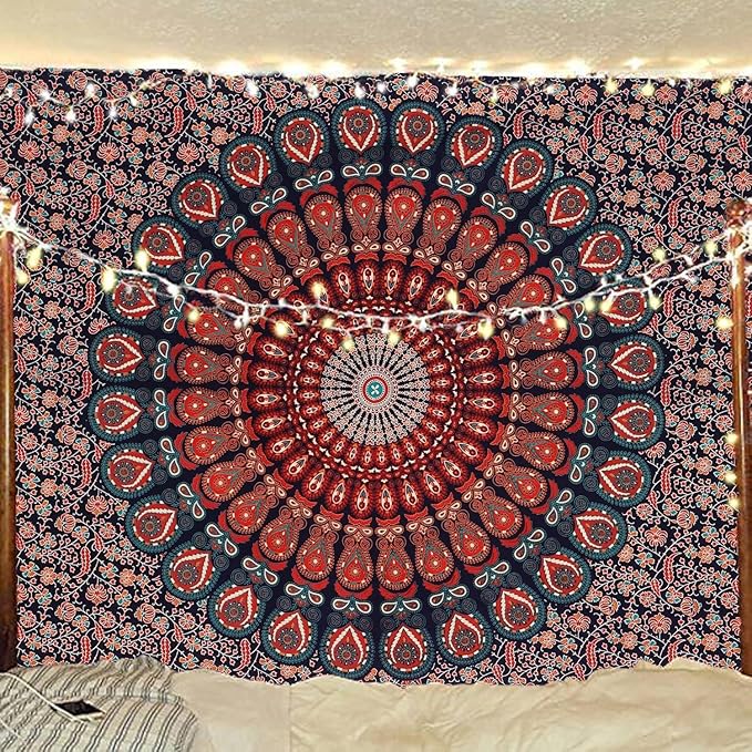 bless international handmade indian hippie bohemian psychedelic peacock mandala wall hanging college dorm beach throws table cloth bedding tapestry (blockbuster, twin(54x72inches)(140x185cms))