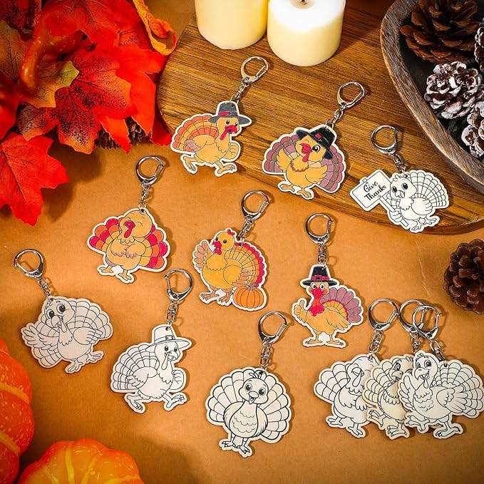 Trnayi 36 Pcs Thanksgiving Turkey Crafts Wood Color Your Own Keychains Fall Turkey DIY Coloring Gifts for Autumn Thanksgiving Party Favors Painting DIY Arts Crafts Project Decoration Family Holiday