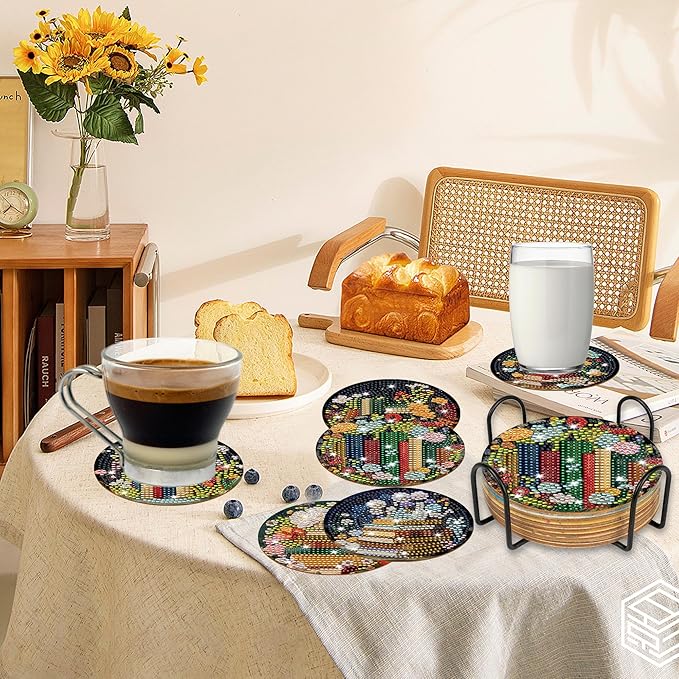 8 Pcs Book Diamond Art Coasters Kit with Holder and Cork Pads, Floral DIY Diamond Painting Coaster Kit for Adults Beginners, Round 4 Inch Drink Coasters Craft Set for Home Decor
