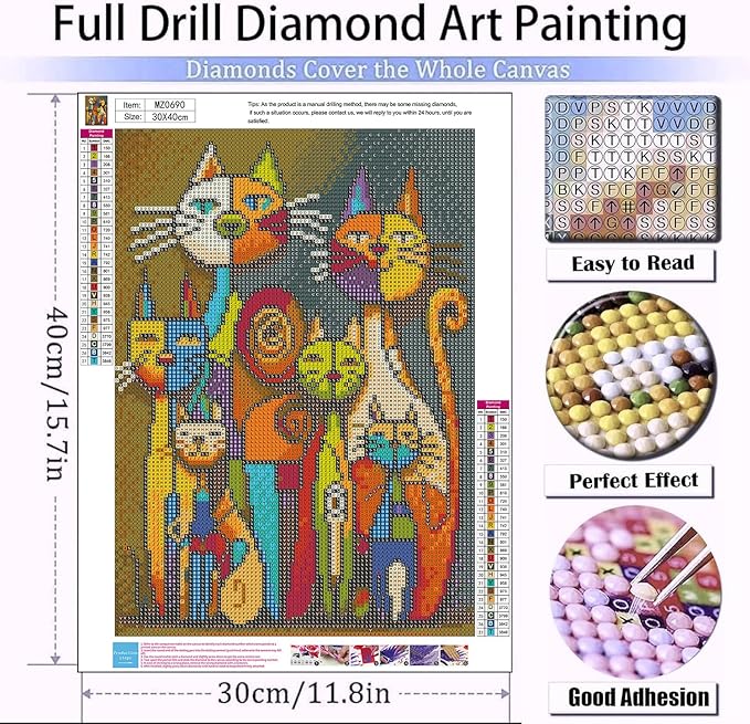 mrpwnle Cat Diamond Painting Kits for Adults Beginners, DIY Cute Cat Diamond Art Kits for Adults 5D Full Drill Diamond Art Dots Gem Paintings Kit for Festival Home Wall Decor 12x16inch