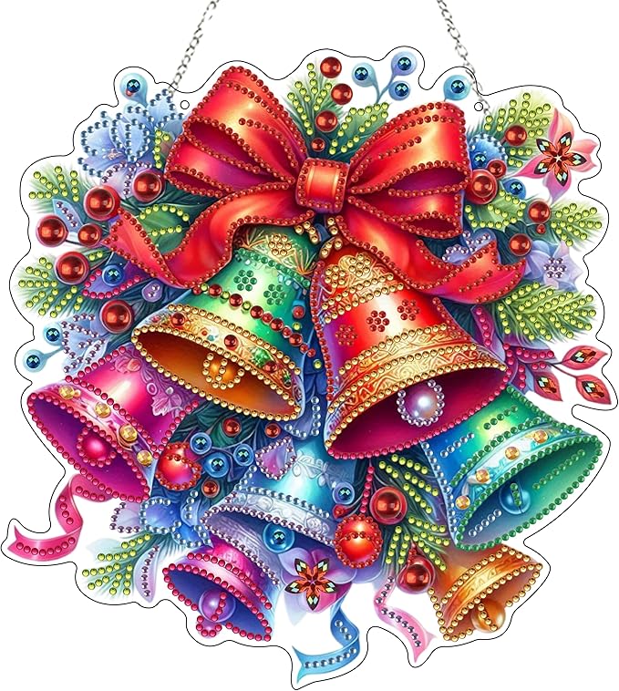 JJFox DIY Acrylic Diamond Art Painting Wreath Kits Special Shaped Rhinestone Diamond Art Window Pendants Home Garden Wall Hanging Kits Hanging Ornament (Christmas Bell)
