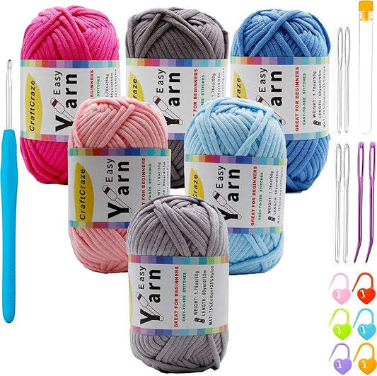 Beginner Easy Yarn Kit for Knitting,Crocheting; Worsted Weight Medium #4; Cotton Blend Yarn for Amigurumi with Tools (Dreamy Sea, 6 Skein)