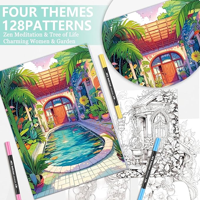 Adult Coloring Book for Women Relaxation, Mindfulness Coloring Book with 24 Dual Tip Markers, Stress Relief Gifts for Women with 128 Patterns Include Tree Garden Zen Meditation Style (4 Pack)