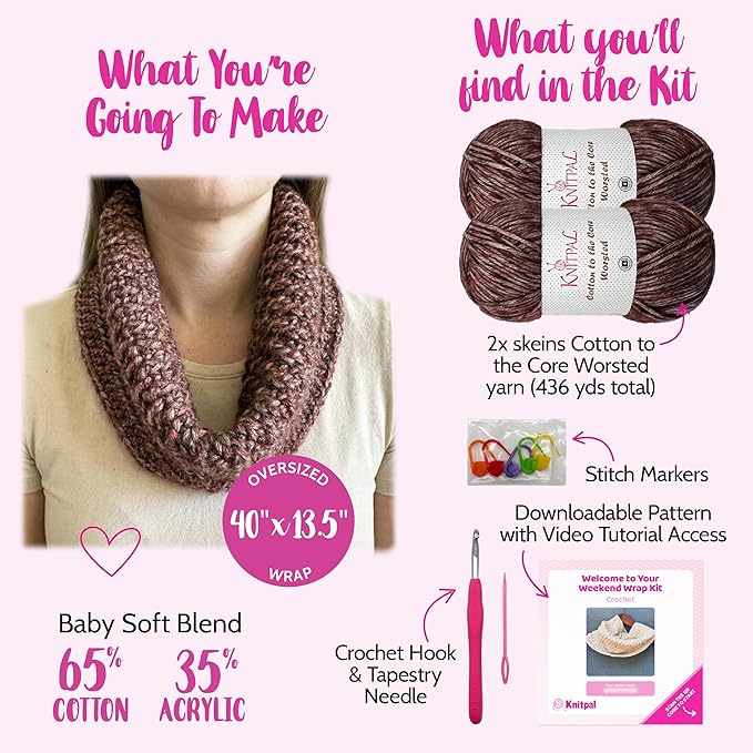 KnitPal Crochet Weekend Wrap Kit for Confident Beginners – All-in-One Crochet Kit with Cotton Blend Yarn, Hook, Pattern & Video Tutorials (Caramel Brown)
