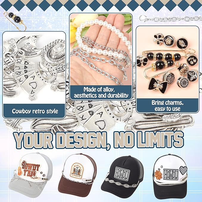 Meneng Cowgirl Hat Accessories Kit: 36PCS Western Trucket Hat Chains Bill Decoration for Women - Bling Metal Detachable Chains Bulk for Mesh Baseball Cap