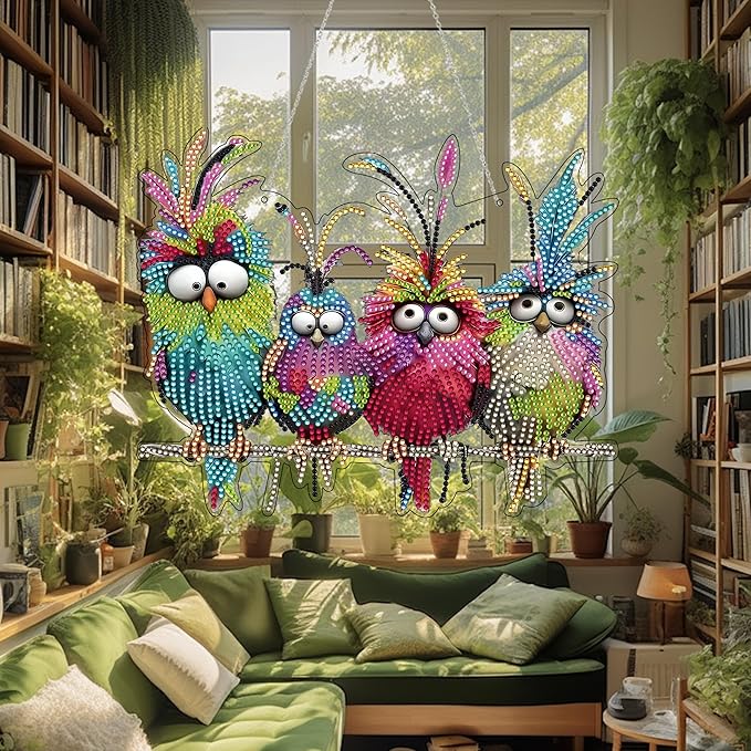 JJFox Diamond Art Kit for Adult, Special Shaped Rhinestone, DIY Acrylic 5D Painting Window Pendants, Home Garden Wall Hanging Ornament, Double Sided (Bird)