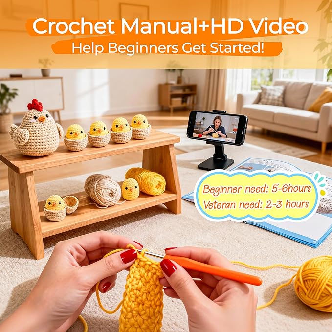 Joyclub 4 Pcs Crochet Kit for Beginners Crochet Starter Kits for Adults and Kids Great Easter Gifts for Crocheting Lovers with Step by Step Video Amigurumi Chicken Family Knitting Kit DIY Craft