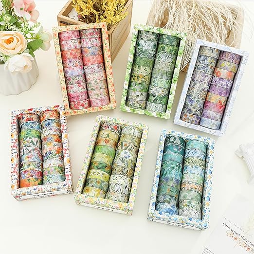 18 Rolls Blossom Washi Tape Set Floral Arts Adhesive Tapes Flowers Garden Decorative Masking Tape Sets for Craft, Kids, Scrapbook, DIY, Gift Wrapping (Golden Harvest)