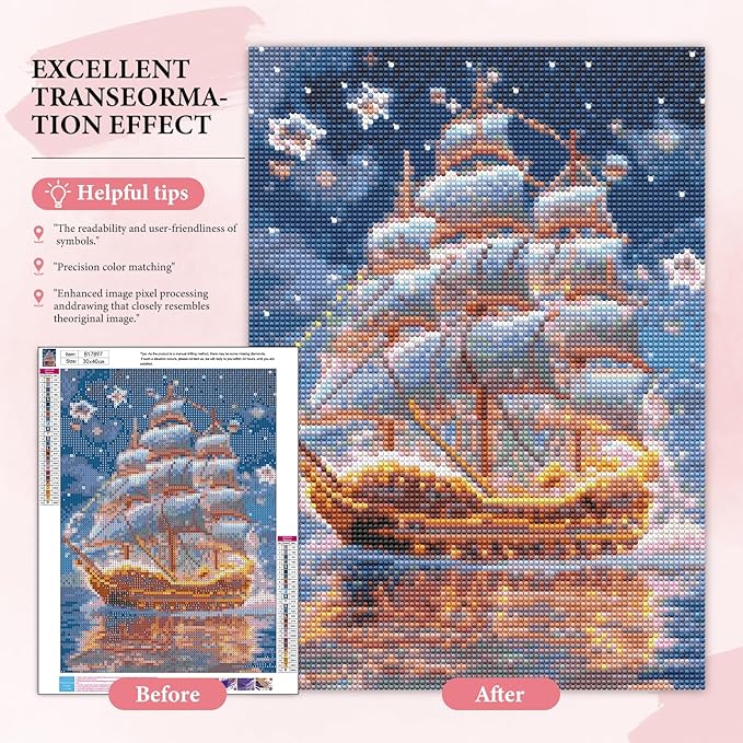 Yezavesu Pirate Ship Diamond Art Kits for Adults, 5D Diamond Painting Kit for Beginners, DIY Round Full Drill Painting with Gem Art Craft Kits for Home Wall Decor 12x16 Inch