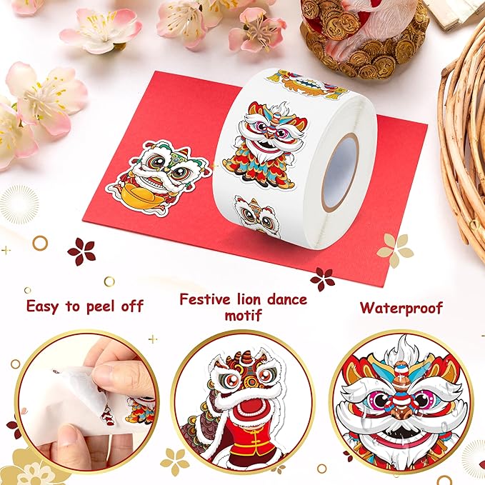 h1vojoxo chinese new year sticker rolls - 1000pcs chinese lunar new year stickers for kid 16 design cartoon lion dance stickers for craft waterproof lion dance decal decoration for water bottle laptop