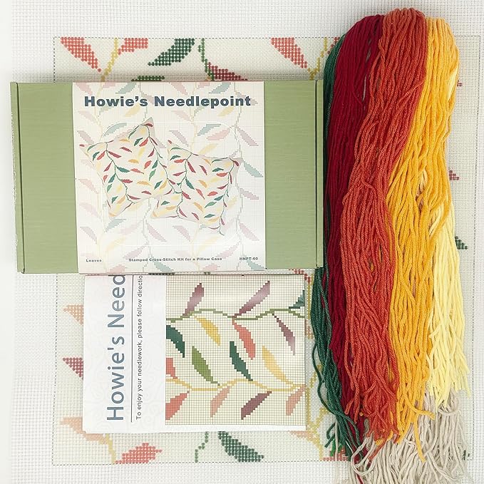 Howie's Needlepoint Needlepoint Kits for Adults, Pillow Front Cross Stitch Kit with Embroidery Pattern on Canvas, Yarn, 2 Needles and Instruction, 16 x 16inch(Colorful Willow Leaves)
