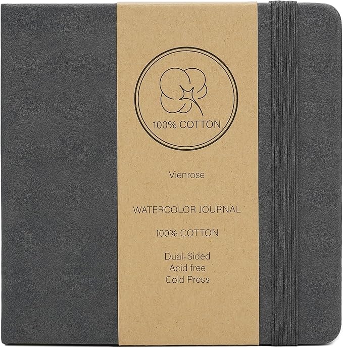 Vienrose Watercolor Sketchbook, 5.5"x5.5" Watercolor Journal with 24 Sheets 48 Pages 140 LB (300 GSM) Cotton Watercolor Paper, Grey Leather Cover Water Coloring Sketch Book As Travel Notebook