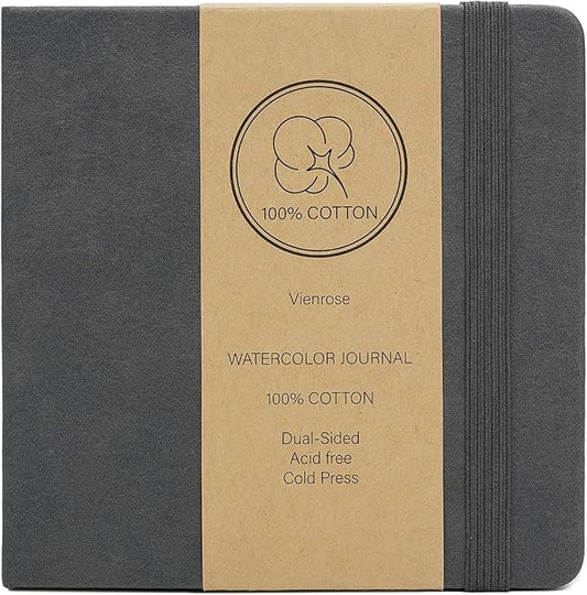 Vienrose Watercolor Sketchbook, 5.5"x5.5" Watercolor Journal with 24 Sheets 48 Pages 140 LB (300 GSM) Cotton Watercolor Paper, Grey Leather Cover Water Coloring Sketch Book As Travel Notebook