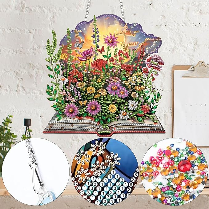 Yomiie Book Flowers Sun Catcher Window Hanging - DIY Double Sided Bouquets Diamond Painting Pendant Kit, Acrylic Diamonds Art Ornament for Front Door Sign & Indoor/Outdoor Garden Decor(8x8 inch)