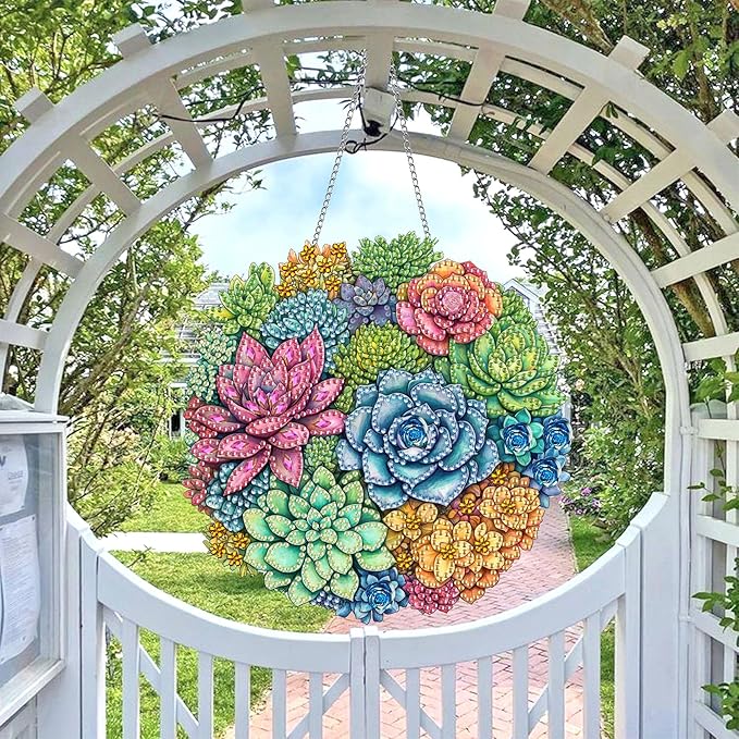 Wergund 5D DIY Succulent Diamond Art Hanging Kits, Hanging Diamond Art Plant, Acrylic Special Shaped Rhinestone, Window Hanging Pendants for Home Wall Garden Front Door Outdoor Decor Gift(Succulent)
