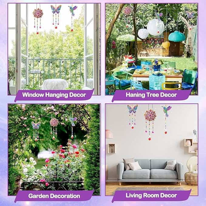Arts and Crafts for Kids 6-12, Birthday Gifts for Girls, DIY Diamond Painting Kits for Kids Teens Adults, Butterfly Sun Hummingbird Wind Chimes for Home Garden Decor