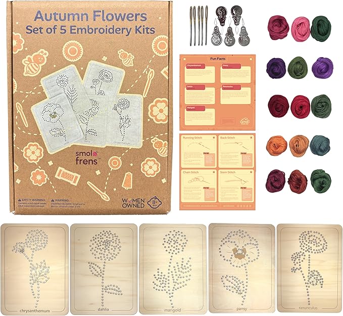 Wooden Flower Lacing Embroidery Kits for Beginners, Set of 5 Learn-to-Stitch Craft Boards, Sewing & Embroidery Art Kits for Kids Ages 8+, DIY Craft Projects, Educational Gifts, Party Favors (Autumn)