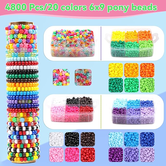 4800 Pcs Pony Beads for Friendship Bracelets 6x9mm 18 Solid 8 Color Shapes 10 Glitter Plastic Beads for Jewelry Making Supplies Necklaces Keychains Hair Braid DIY Craft Accessories