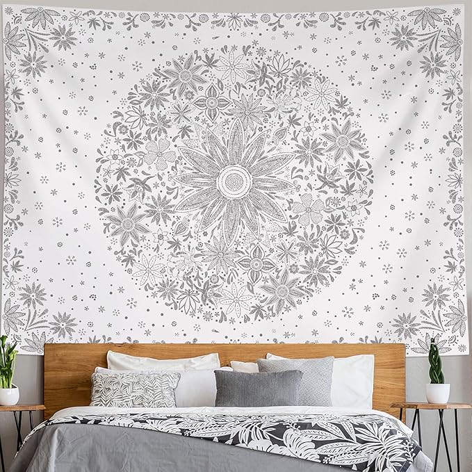 neasow bohemian tapestry wall hanging, gray floral tapestry with dotted daisy medallion print bedroom boho hippie home decor, 36x48 inches
