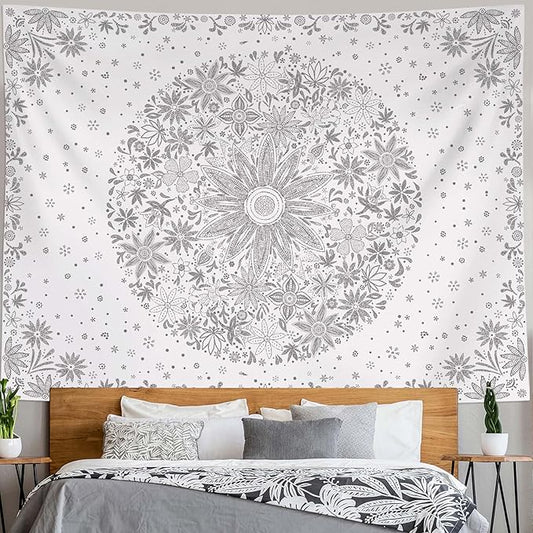 neasow bohemian tapestry wall hanging, gray floral tapestry with dotted daisy medallion print bedroom boho hippie home decor, 60x80 inches