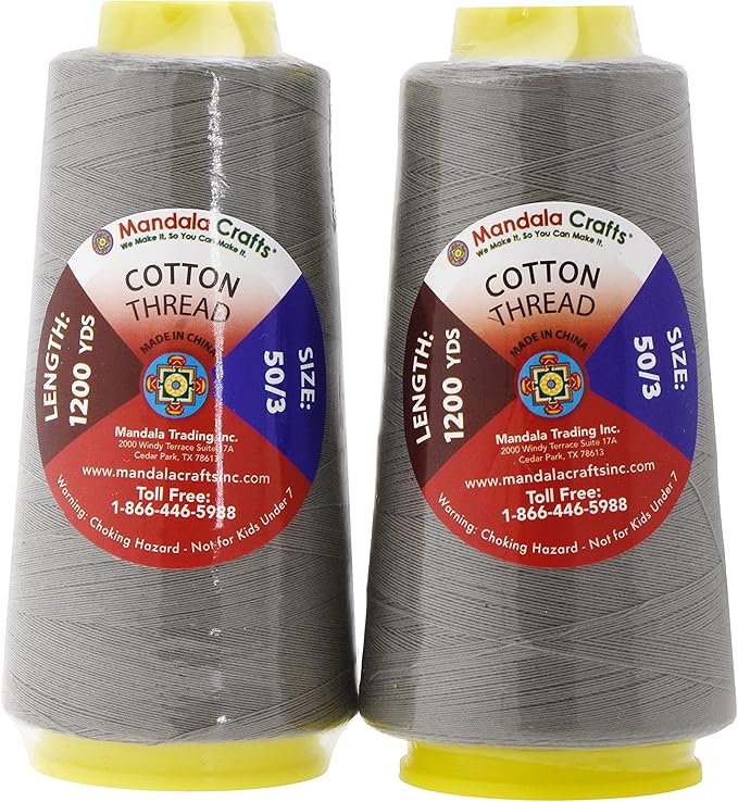Mandala Crafts Gray Thread Cones for Machine and Hand Quilting - 2400 Yds 50 WT Multiple Purpose Mercerized 100% Cotton Threads for Sewing Machine Serger Embroidery