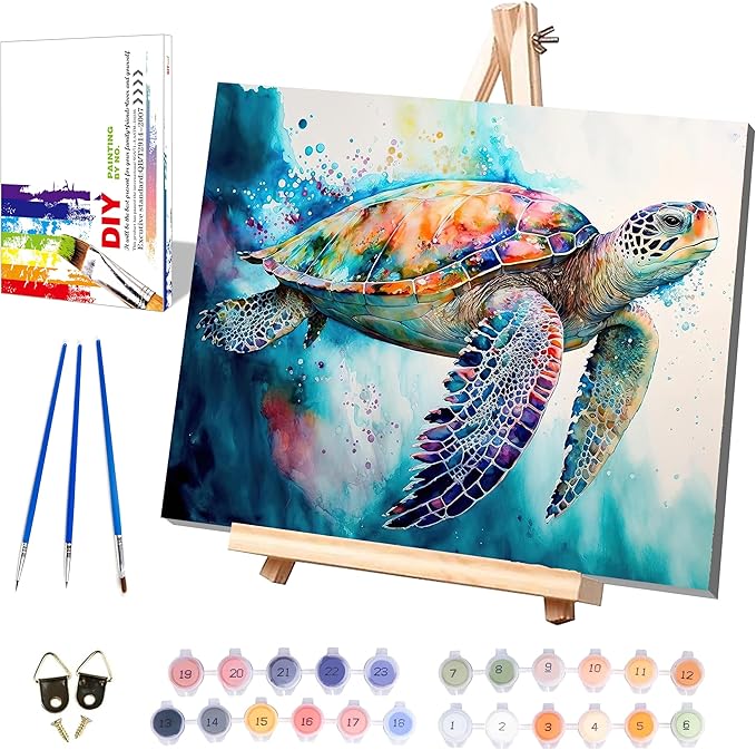 Sea Turtle Paint by Numbers for Adults with Framed Canvas-with Wooden Easel,Turtle Paint by Number on Canvas,DIY Acrylic Oil Painting Kits with Brushes Nice Gift Box for Home Wall Decor(16x20inch)