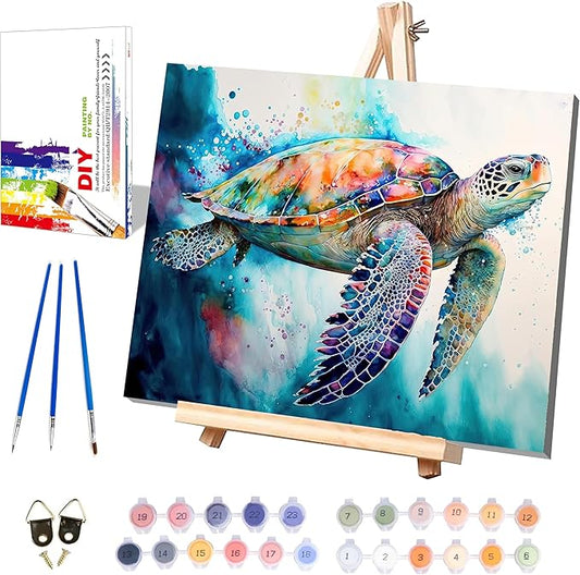 Sea Turtle Paint by Numbers for Adults with Framed Canvas-with Wooden Easel,Turtle Paint by Number on Canvas,DIY Acrylic Oil Painting Kits with Brushes Nice Gift Box for Home Wall Decor(16x20inch)
