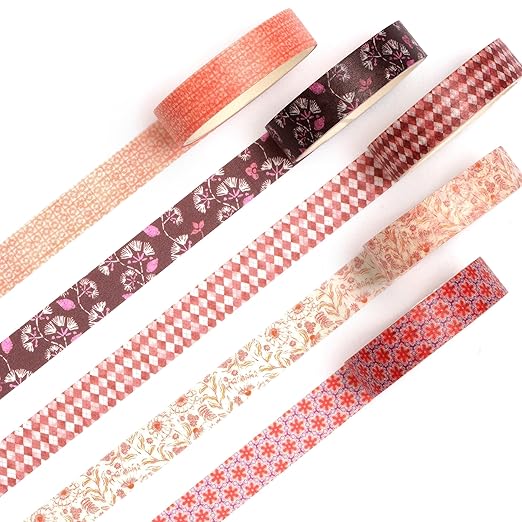 Fantasy Washi Tape Set - 5 Rolls Texture Arts Adhesive Tapes Basic Patterns Decorative Masking Tape Sets for Craft, Kids, Scrapbook, DIY, Gift Wrapping (5-Rustic Warmth)
