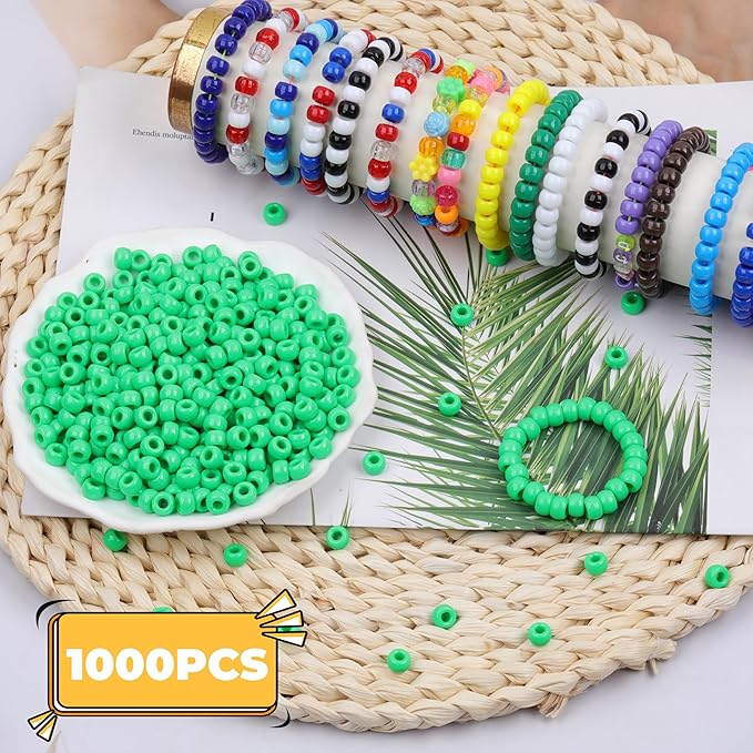 Green Pony Beads - Bulk 6x9mm Large Hole Plastic Beads for Jewelry Making - 1000 Pcs for Friendship Bracelets, Necklace, Festival Decoration & Hair Braiding